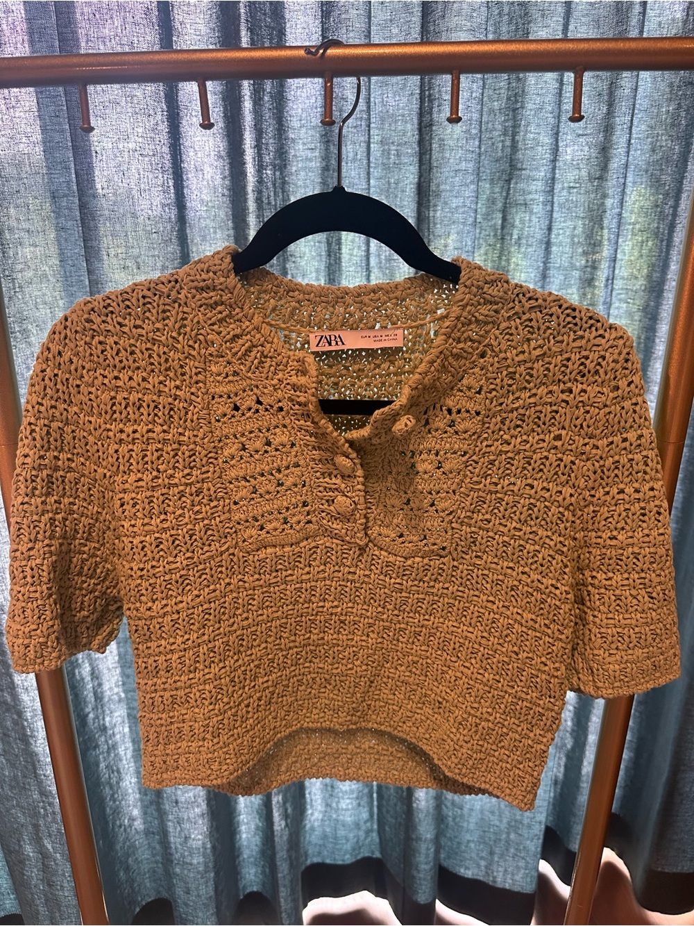 Zara Tan Crochet Henley Crop Top